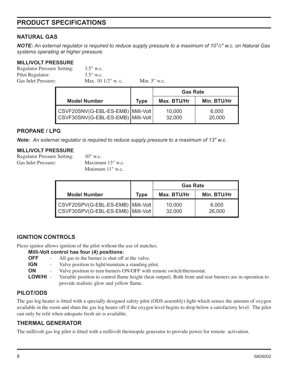 Product specifications | Monessen Hearth CSVF30SPV User Manual | Page 8 / 32