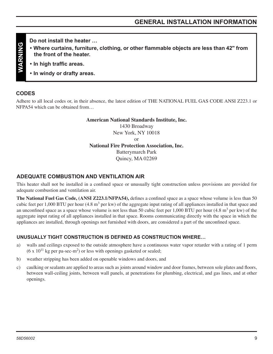 General installation information, Warning | Monessen Hearth CSVF30SPV User Manual | Page 9 / 32