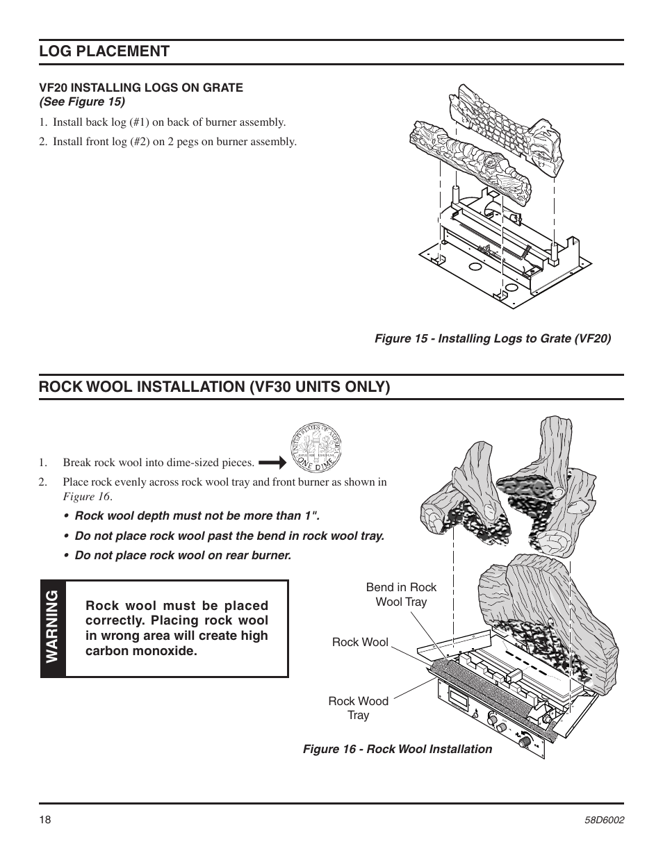 Rock wool installation (vf30 units only), Log placement, Warning | Monessen Hearth Double Door VFCS30DPV User Manual | Page 18 / 32