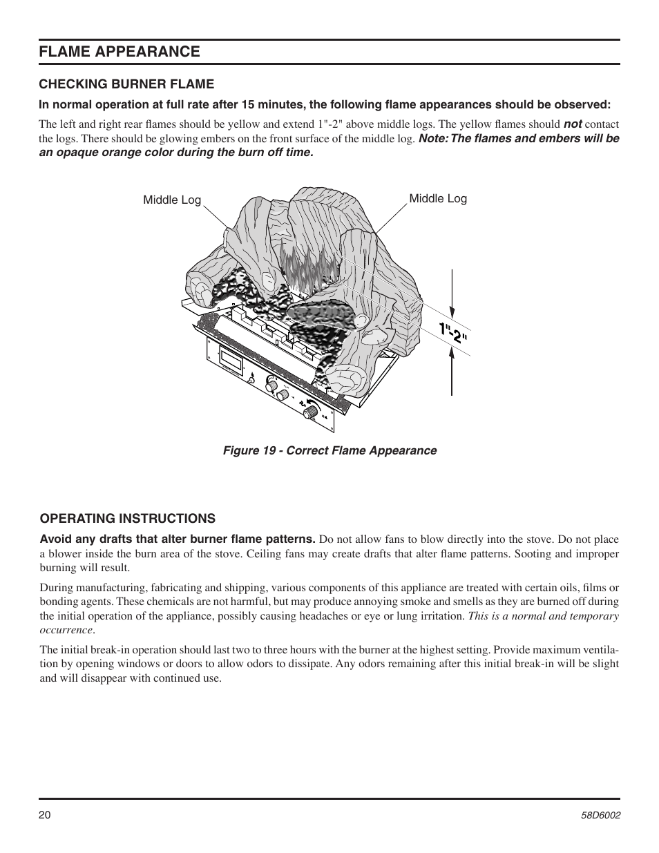Flame appearance, Checking burner flame, Operating instructions | Monessen Hearth Double Door VFCS30DPV User Manual | Page 20 / 32