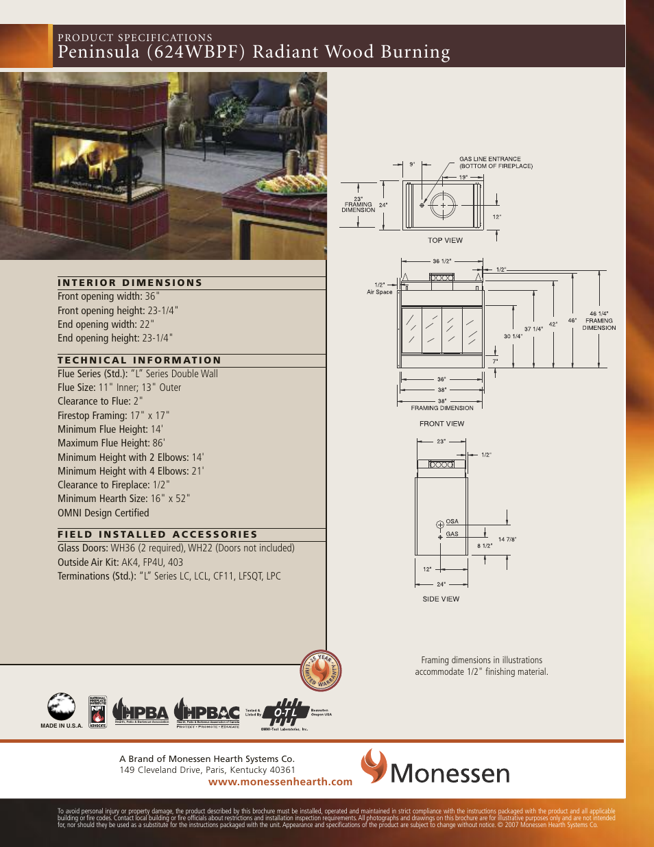 Monessen Hearth Peninsula 624WBPF User Manual | 1 page