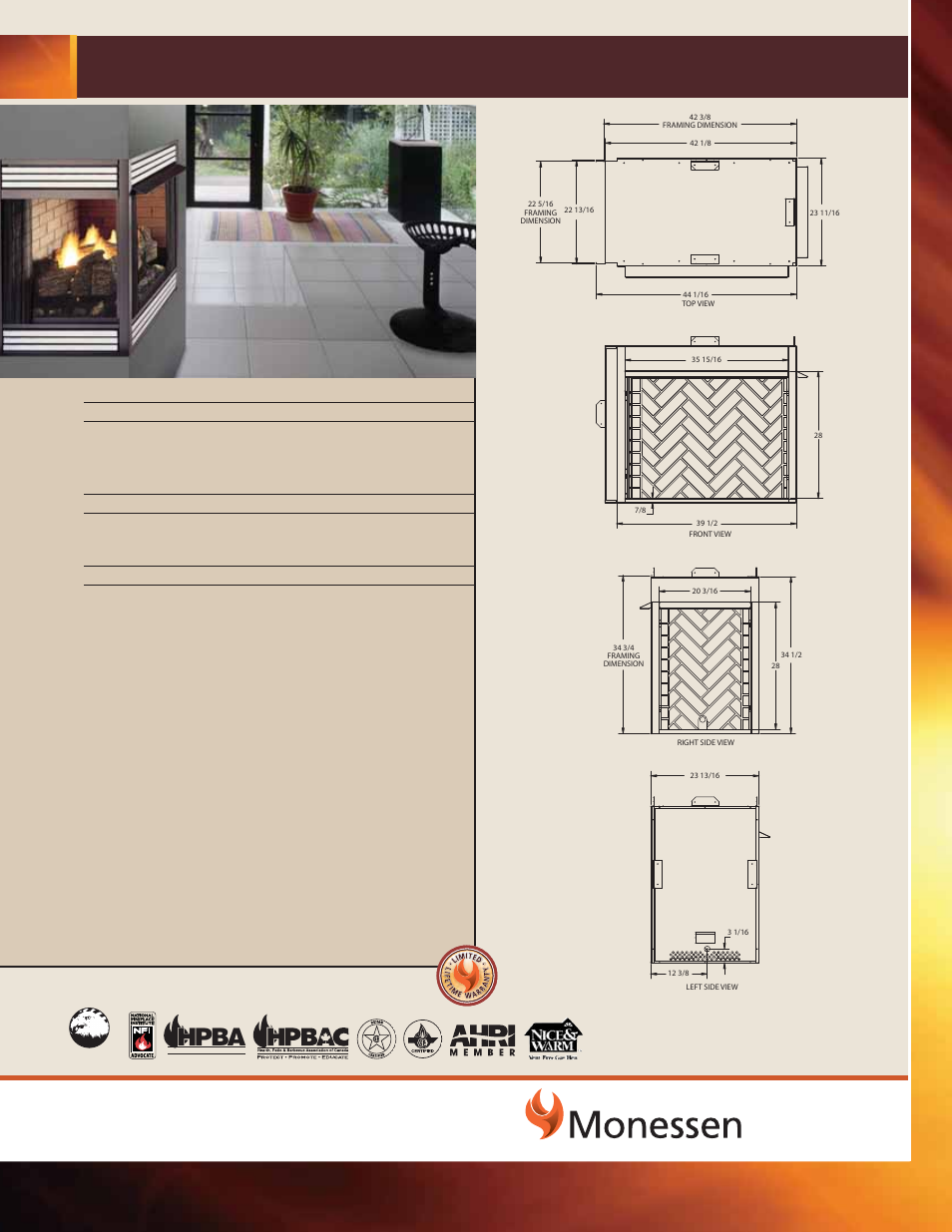 Monessen Hearth Designer Vent Free Firebox LRF36 User Manual | 1 page