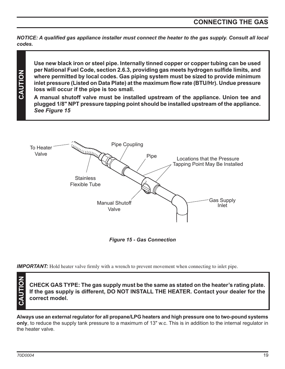 Connecting the gas, Caution | Monessen Hearth TPB18 User Manual | Page 19 / 44