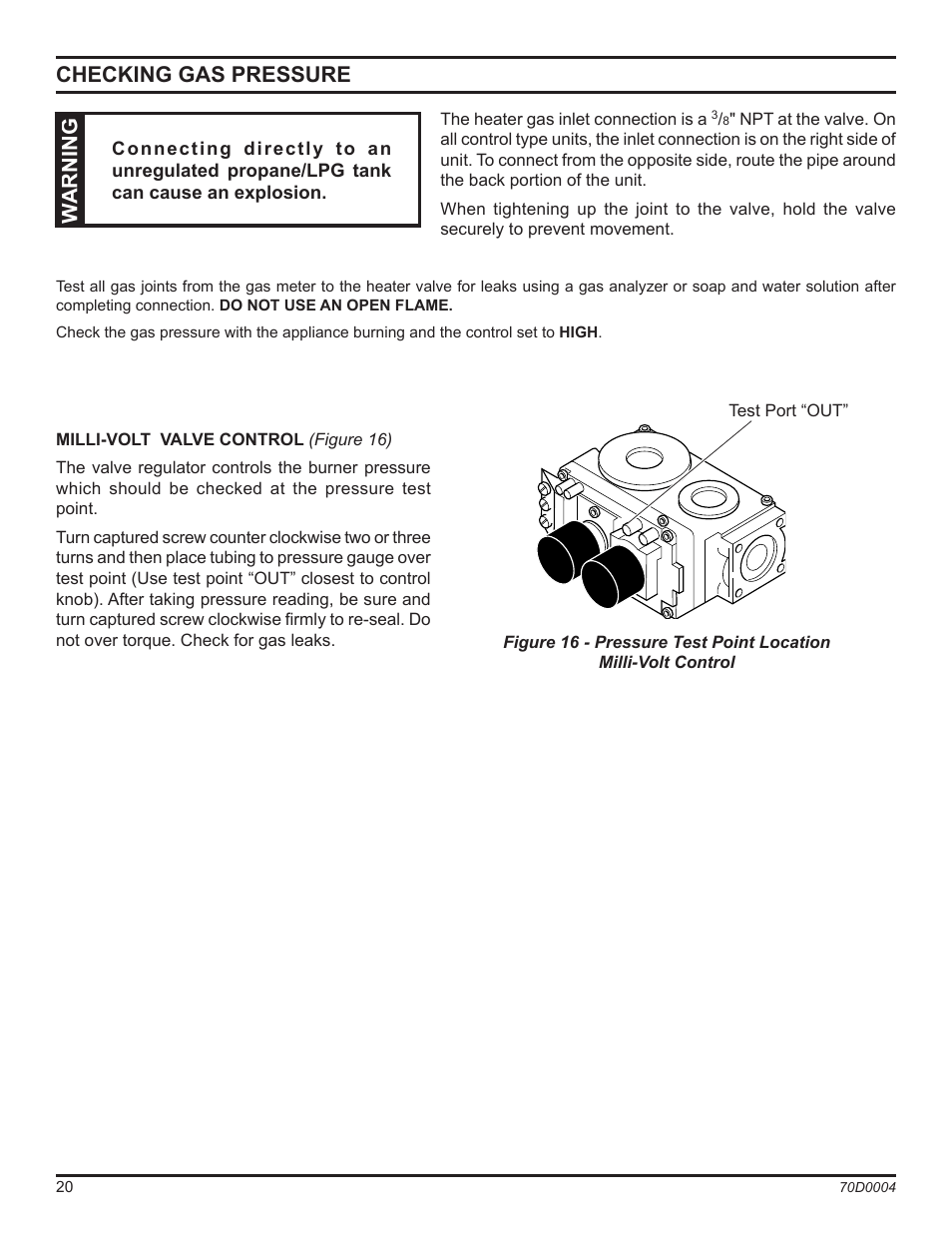 Checking gas pressure, Warning | Monessen Hearth TPB18 User Manual | Page 20 / 44