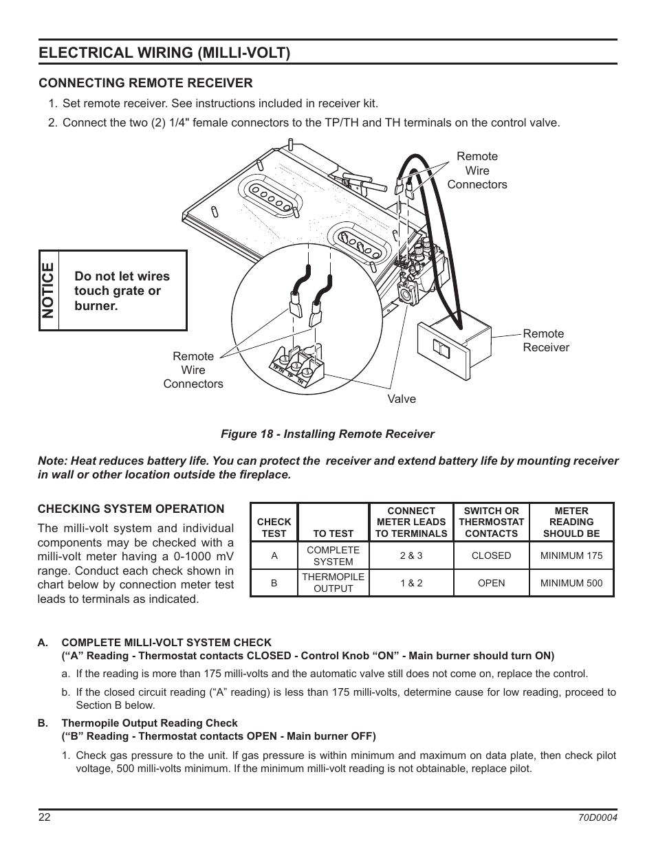 Electrical wiring (milli-volt), Notice | Monessen Hearth TPB18 User Manual | Page 22 / 44