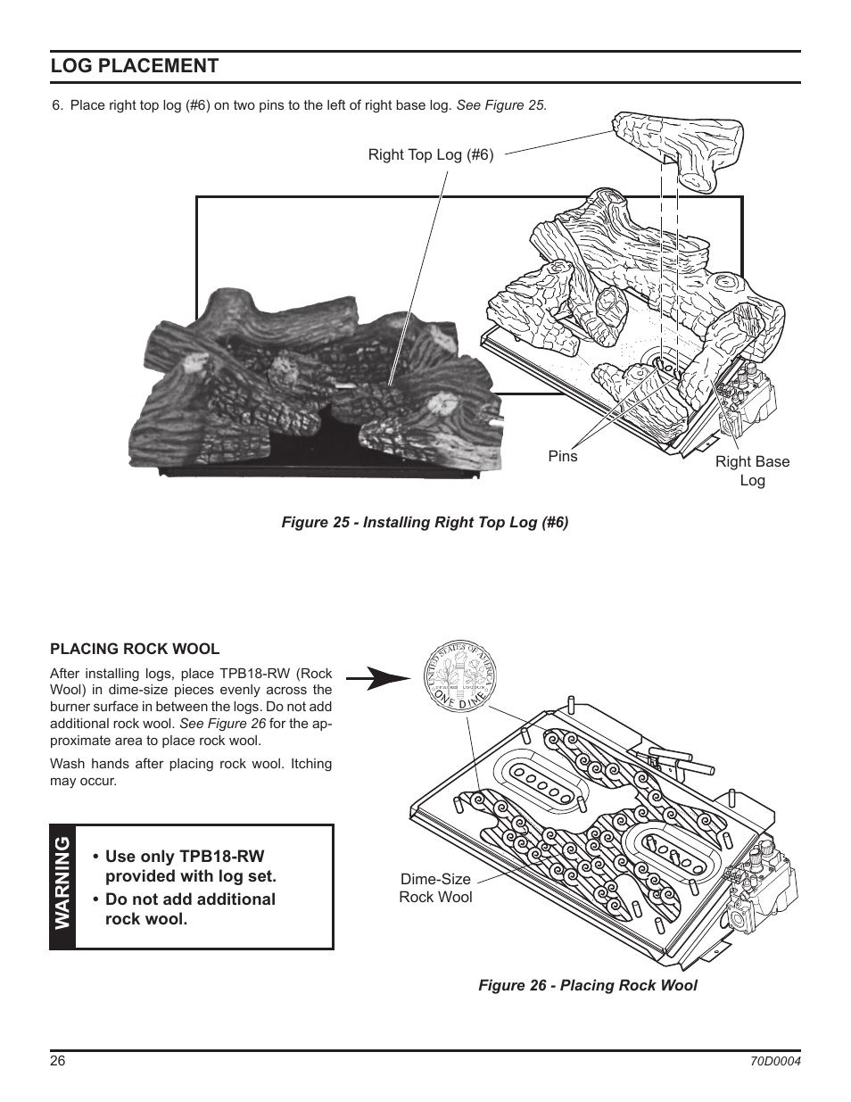 Warning, Log placement | Monessen Hearth TPB18 User Manual | Page 26 / 44
