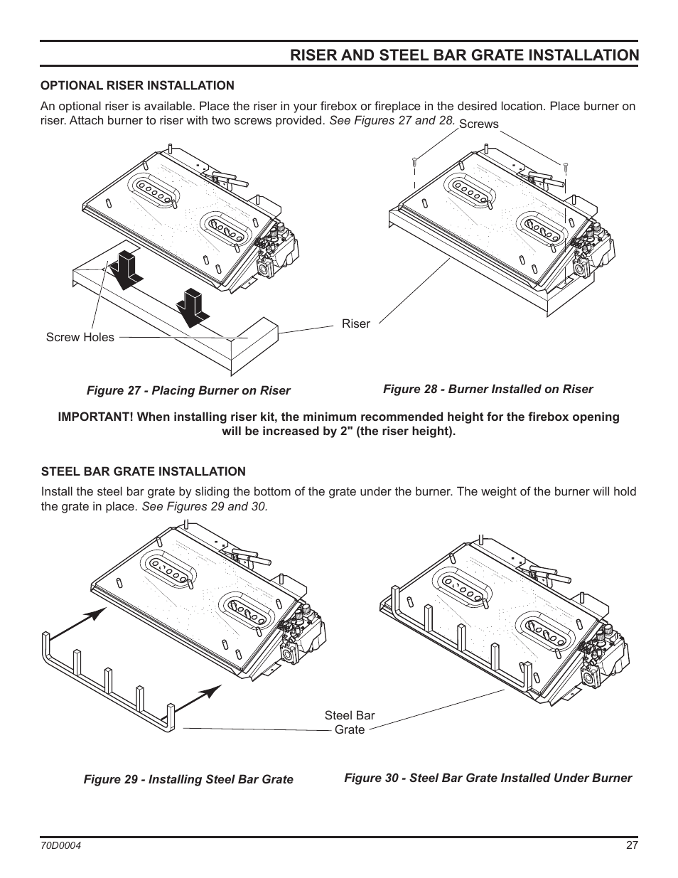 Riser and steel bar grate installation | Monessen Hearth TPB18 User Manual | Page 27 / 44