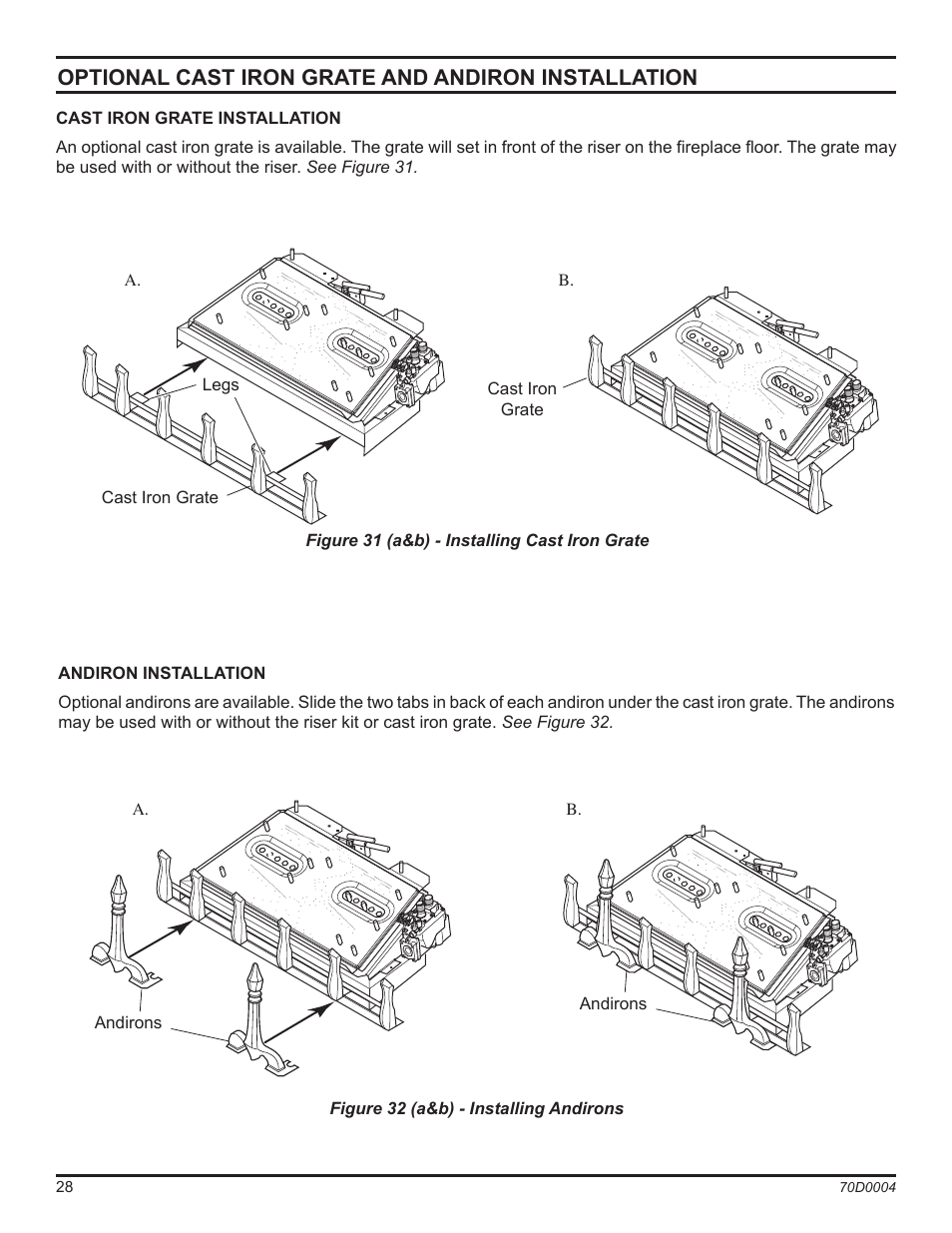 Optional cast iron grate and andiron installation | Monessen Hearth TPB18 User Manual | Page 28 / 44