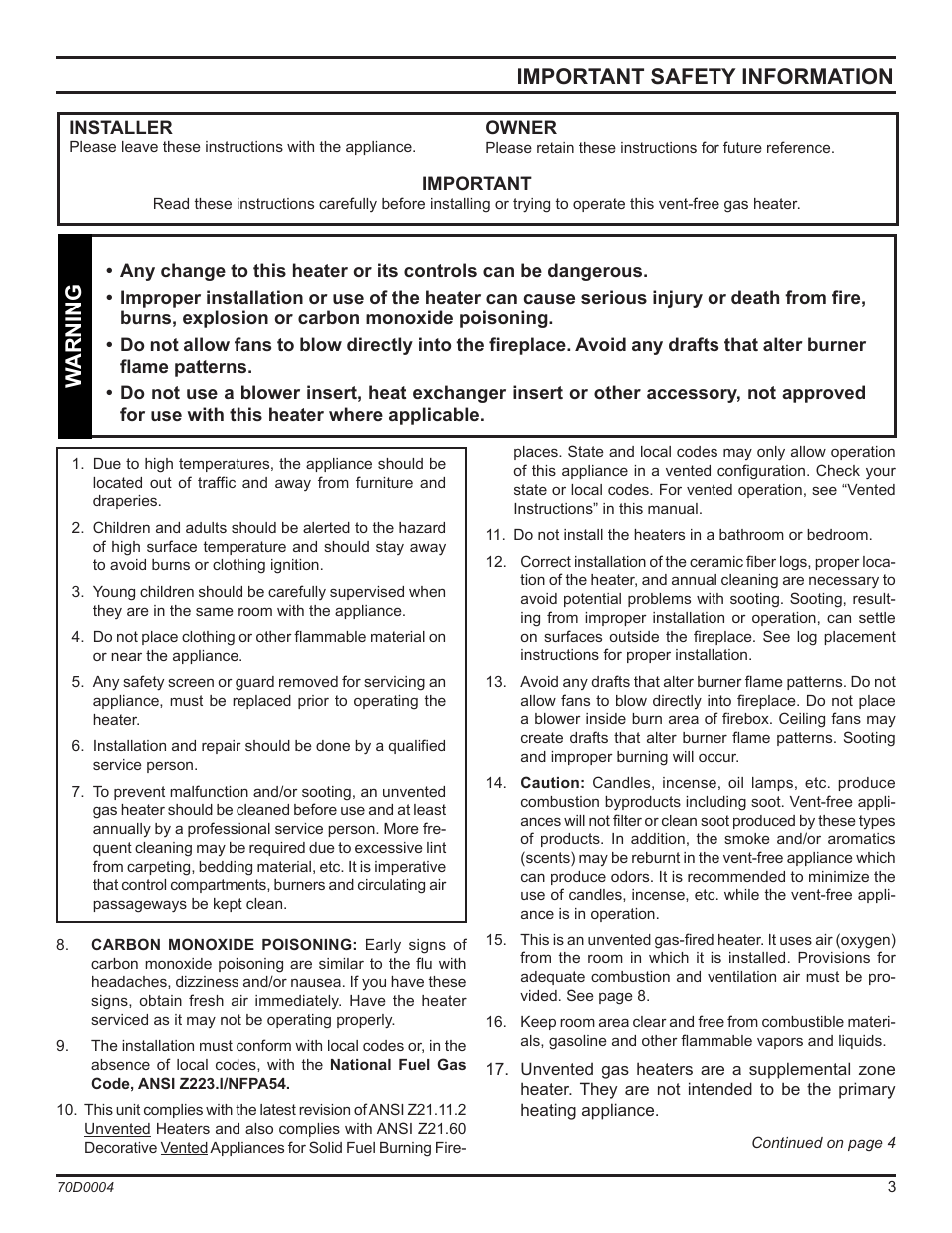Important safety information, Warning | Monessen Hearth TPB18 User Manual | Page 3 / 44