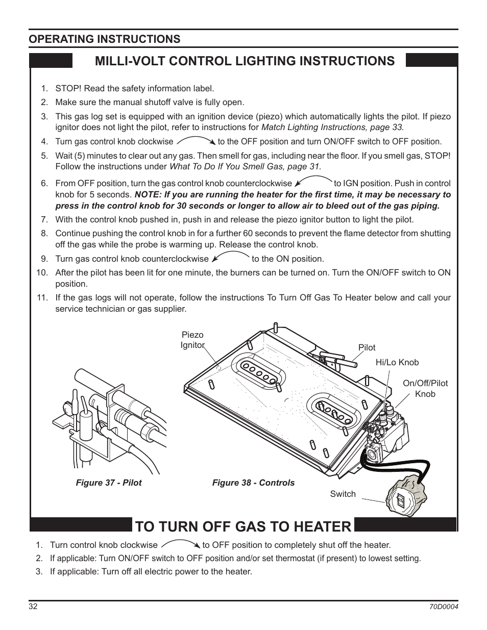 Milli-volt control lighting instructions, Operating instructions | Monessen Hearth TPB18 User Manual | Page 32 / 44