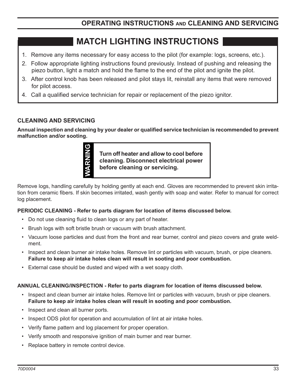 Match lighting instructions | Monessen Hearth TPB18 User Manual | Page 33 / 44