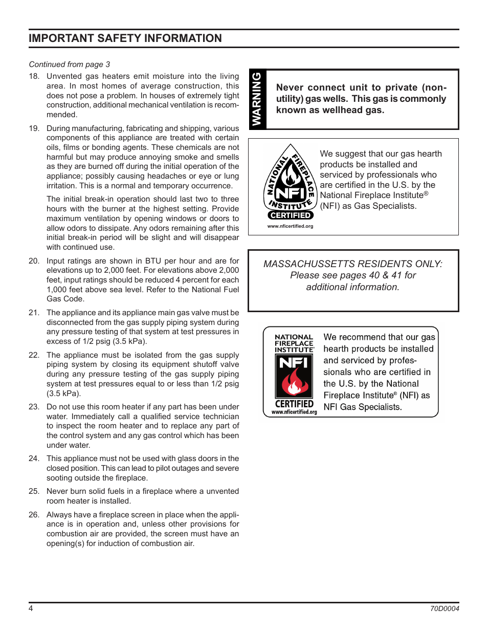 Important safety information, Warning | Monessen Hearth TPB18 User Manual | Page 4 / 44