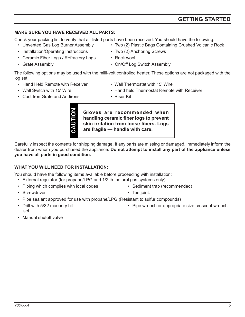 Caution, Getting started | Monessen Hearth TPB18 User Manual | Page 5 / 44