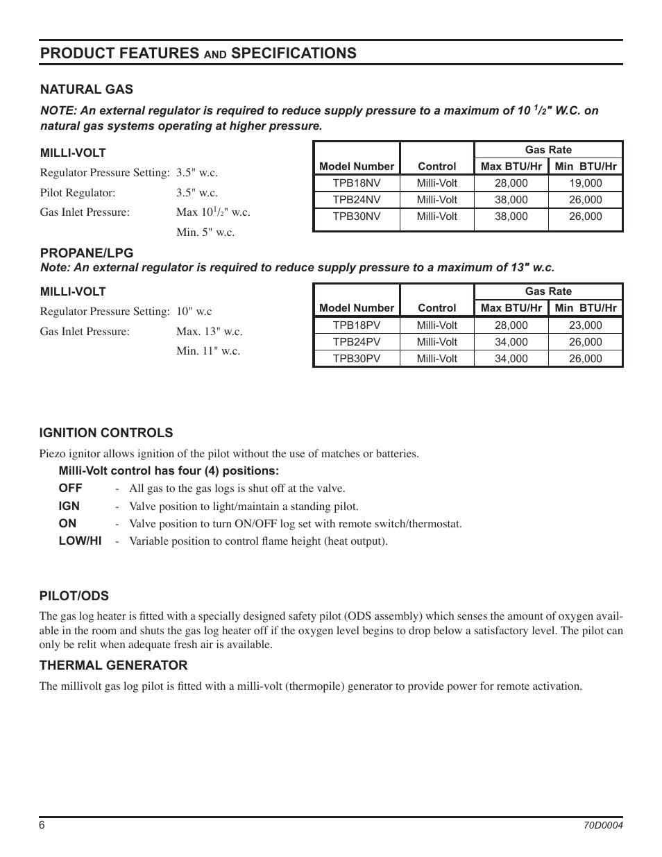 Product features, Specifications | Monessen Hearth TPB18 User Manual | Page 6 / 44