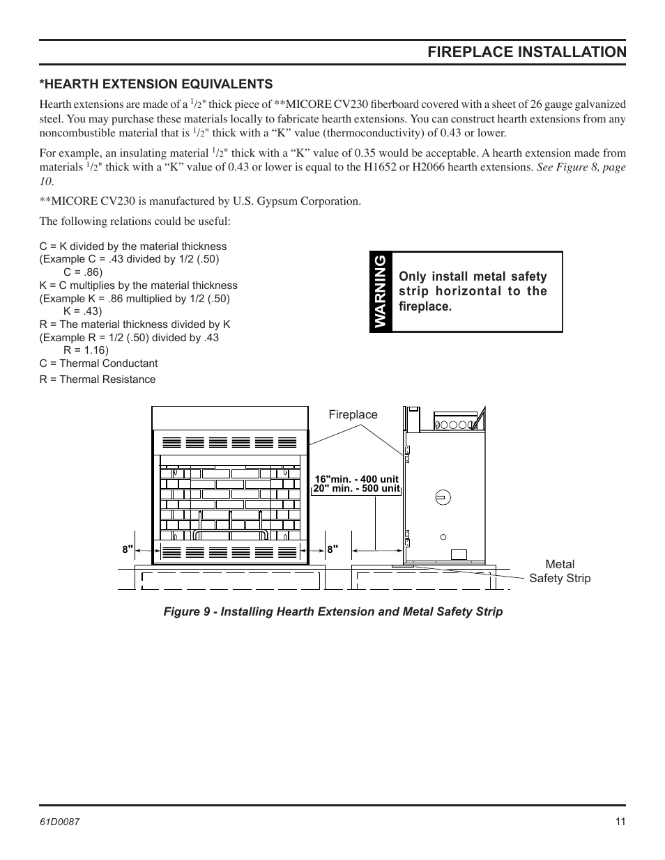Fireplace installation, Warning | Monessen Hearth BWBC500MHB User Manual | Page 11 / 40