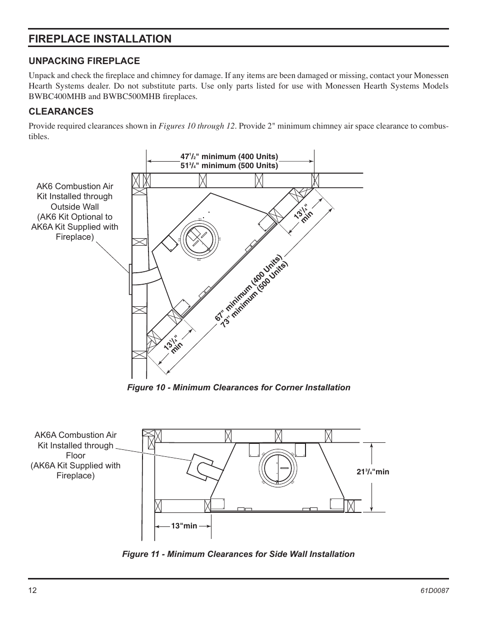 Fireplace installation, Unpacking fireplace, Clearances | Monessen Hearth BWBC500MHB User Manual | Page 12 / 40