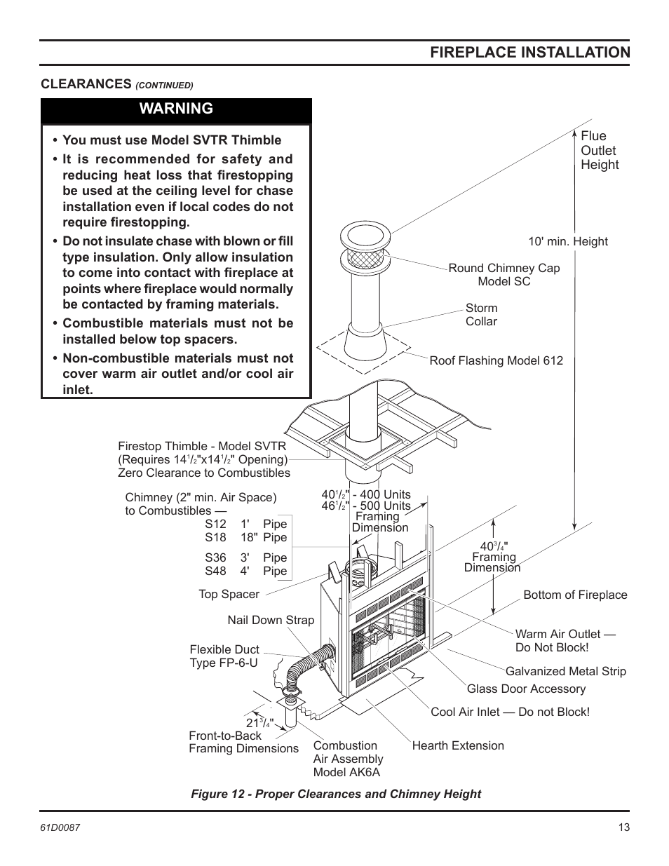 Fireplace installation, Warning | Monessen Hearth BWBC500MHB User Manual | Page 13 / 40