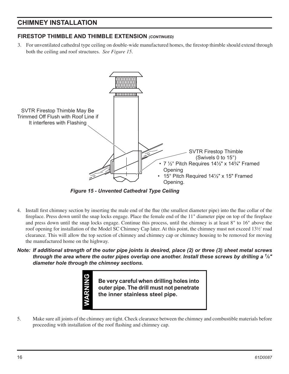 Warning, Chimney installation | Monessen Hearth BWBC500MHB User Manual | Page 16 / 40