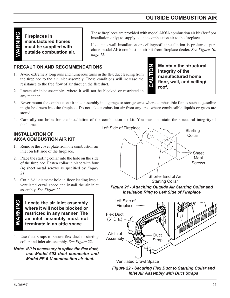 Outside combustion air, Warning, Caution | Monessen Hearth BWBC500MHB User Manual | Page 21 / 40