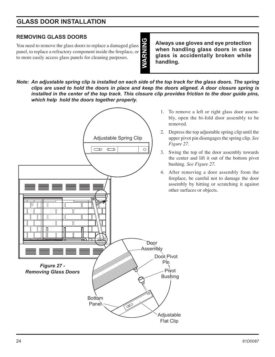 Glass door installation, Warning | Monessen Hearth BWBC500MHB User Manual | Page 24 / 40