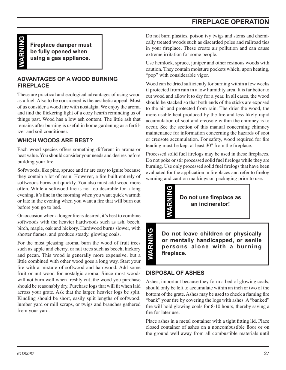 Fireplace operation, Warning | Monessen Hearth BWBC500MHB User Manual | Page 27 / 40