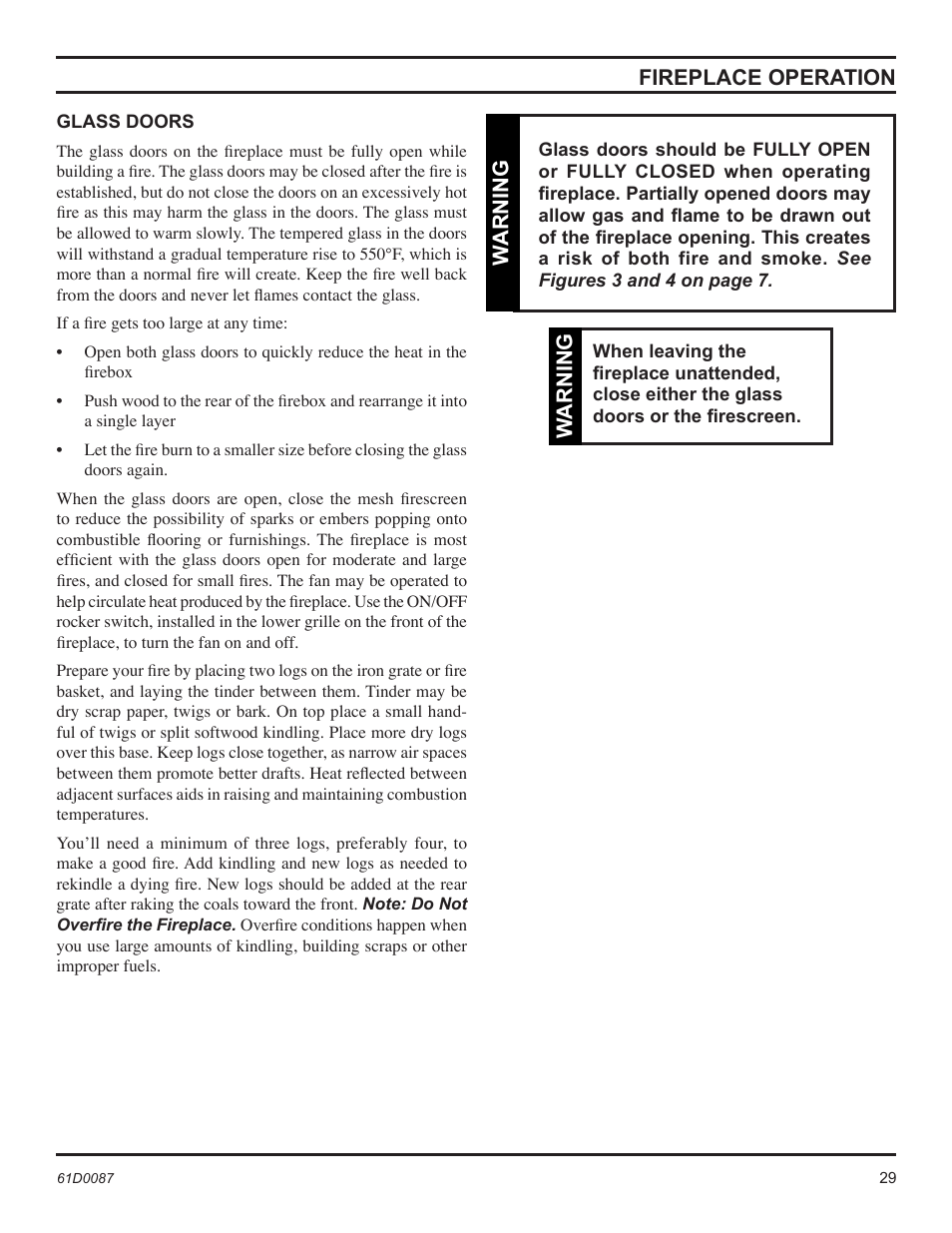 Fireplace operation, Warning | Monessen Hearth BWBC500MHB User Manual | Page 29 / 40