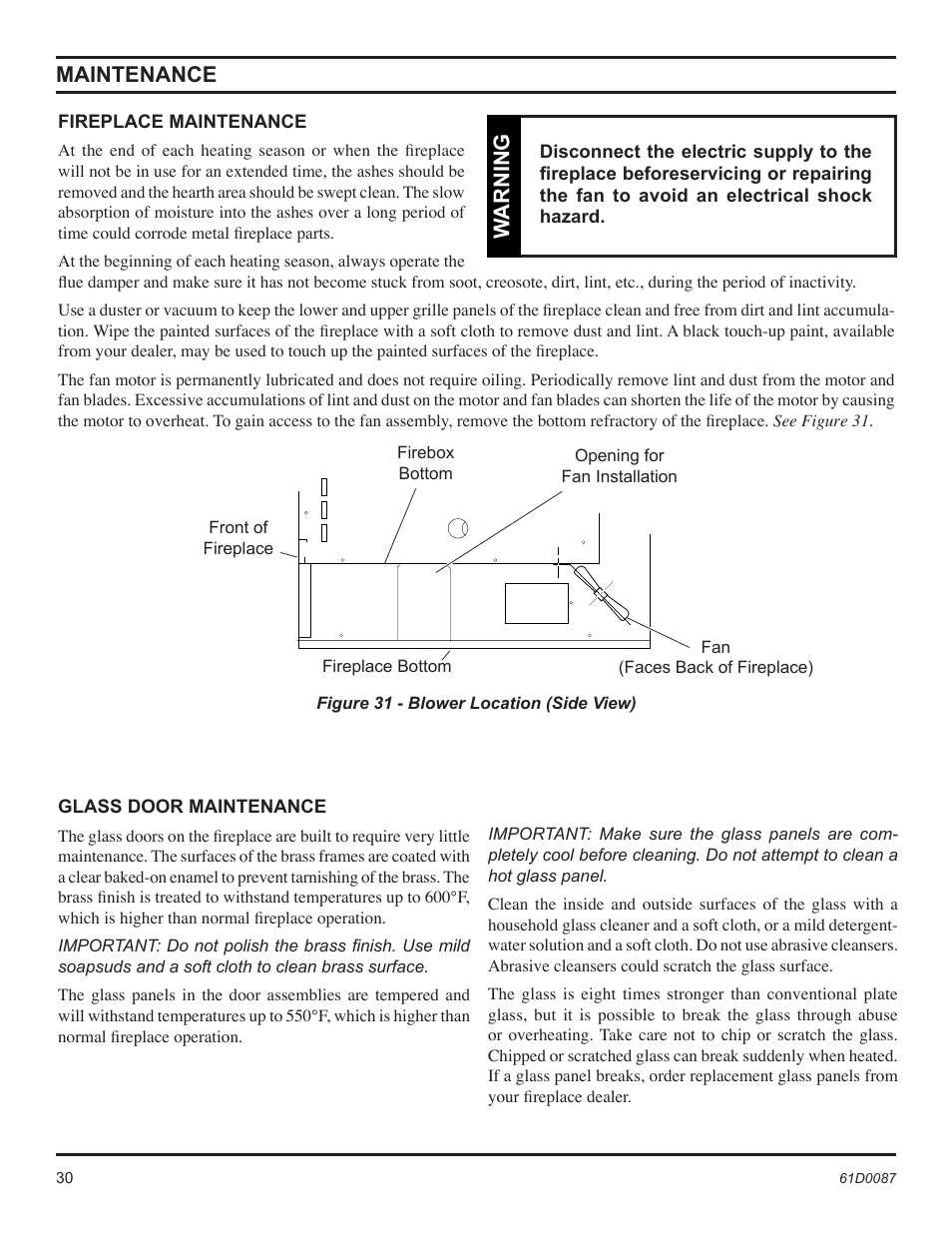 Maintenance, Warning | Monessen Hearth BWBC500MHB User Manual | Page 30 / 40