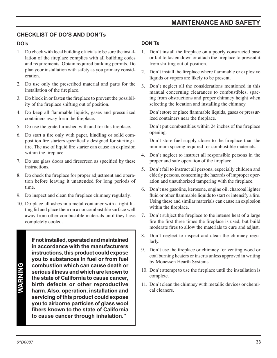 Maintenance and safety, Warning | Monessen Hearth BWBC500MHB User Manual | Page 33 / 40