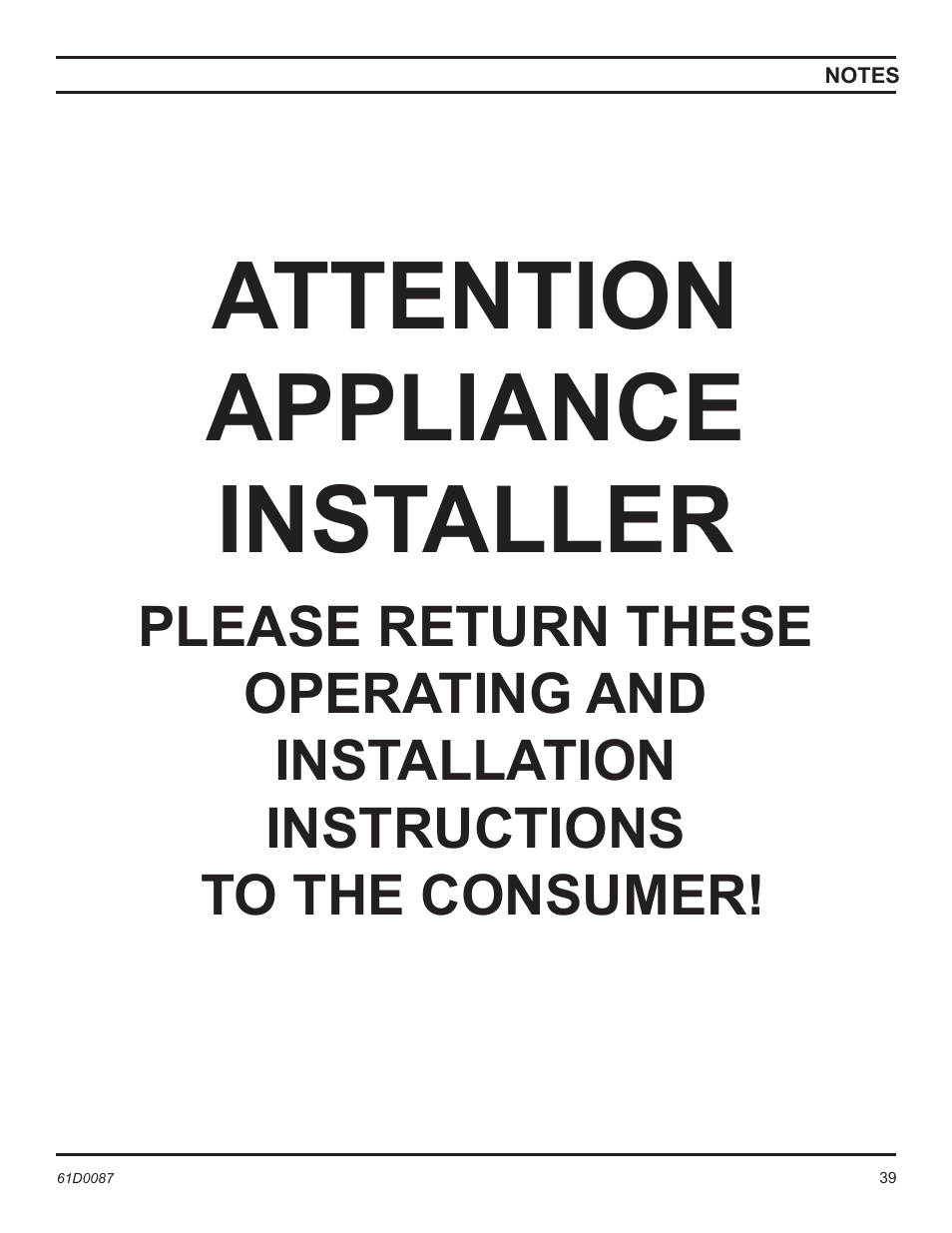 Attention appliance installer | Monessen Hearth BWBC500MHB User Manual | Page 39 / 40