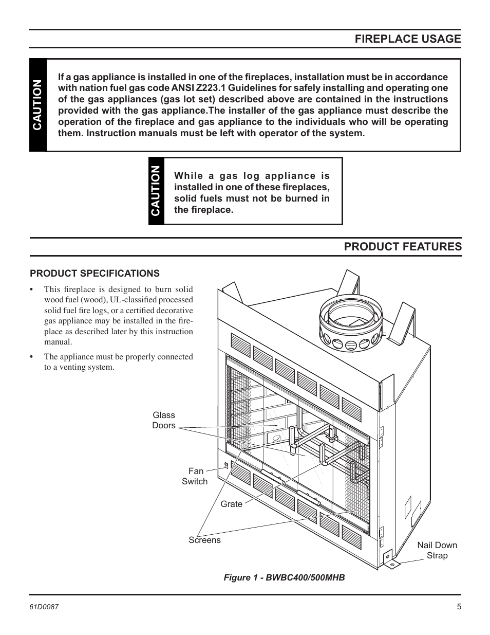 Fireplace usage, Caution, Caution product features | Monessen Hearth BWBC500MHB User Manual | Page 5 / 40