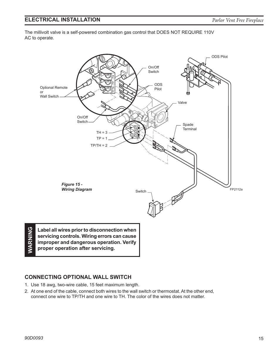 Warning, Connecting optional wall switch | Monessen Hearth PARLOR VENT-FREE PL20 User Manual | Page 15 / 32