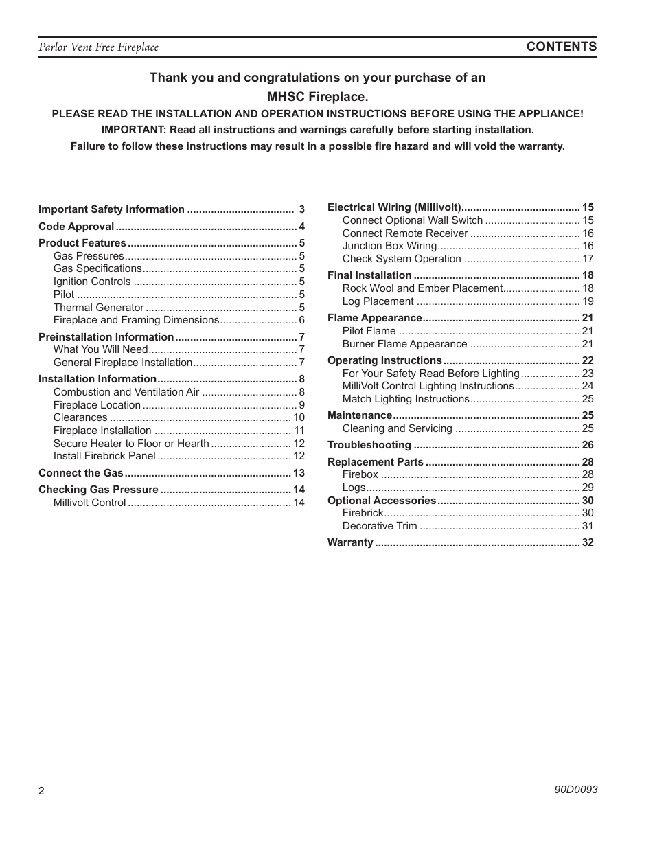 Monessen Hearth PARLOR VENT-FREE PL20 User Manual | Page 2 / 32