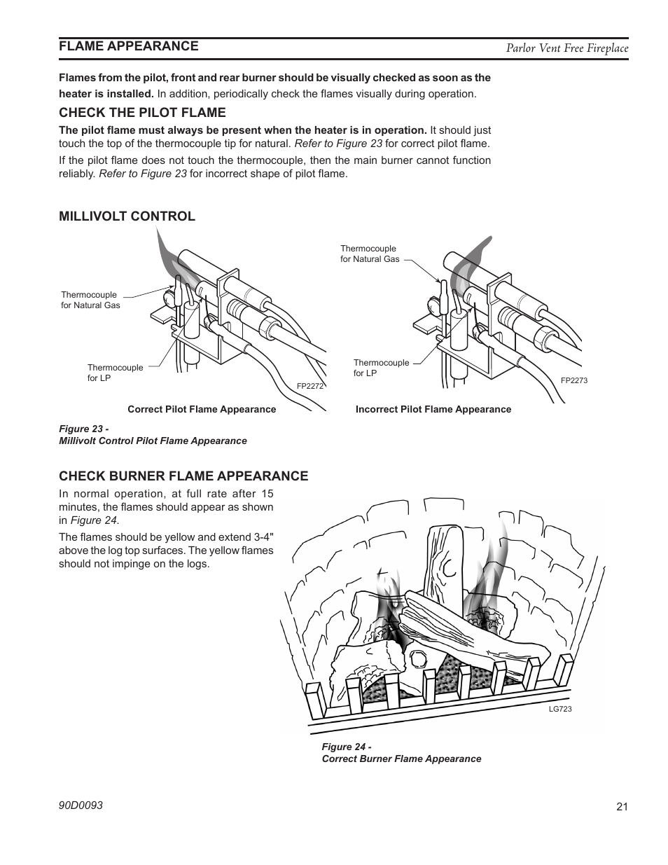 Parlor vent free fireplace fp2273 pilot bad flame, Flame appearance, Check the pilot flame | Millivolt control, Check burner flame appearance | Monessen Hearth PARLOR VENT-FREE PL20 User Manual | Page 21 / 32