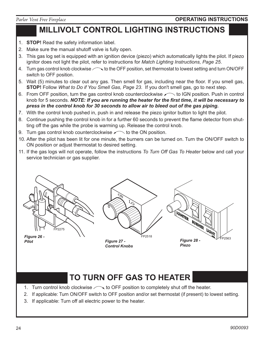 Millivolt control lighting instructions, Fp2518 control knob | Monessen Hearth PARLOR VENT-FREE PL20 User Manual | Page 24 / 32