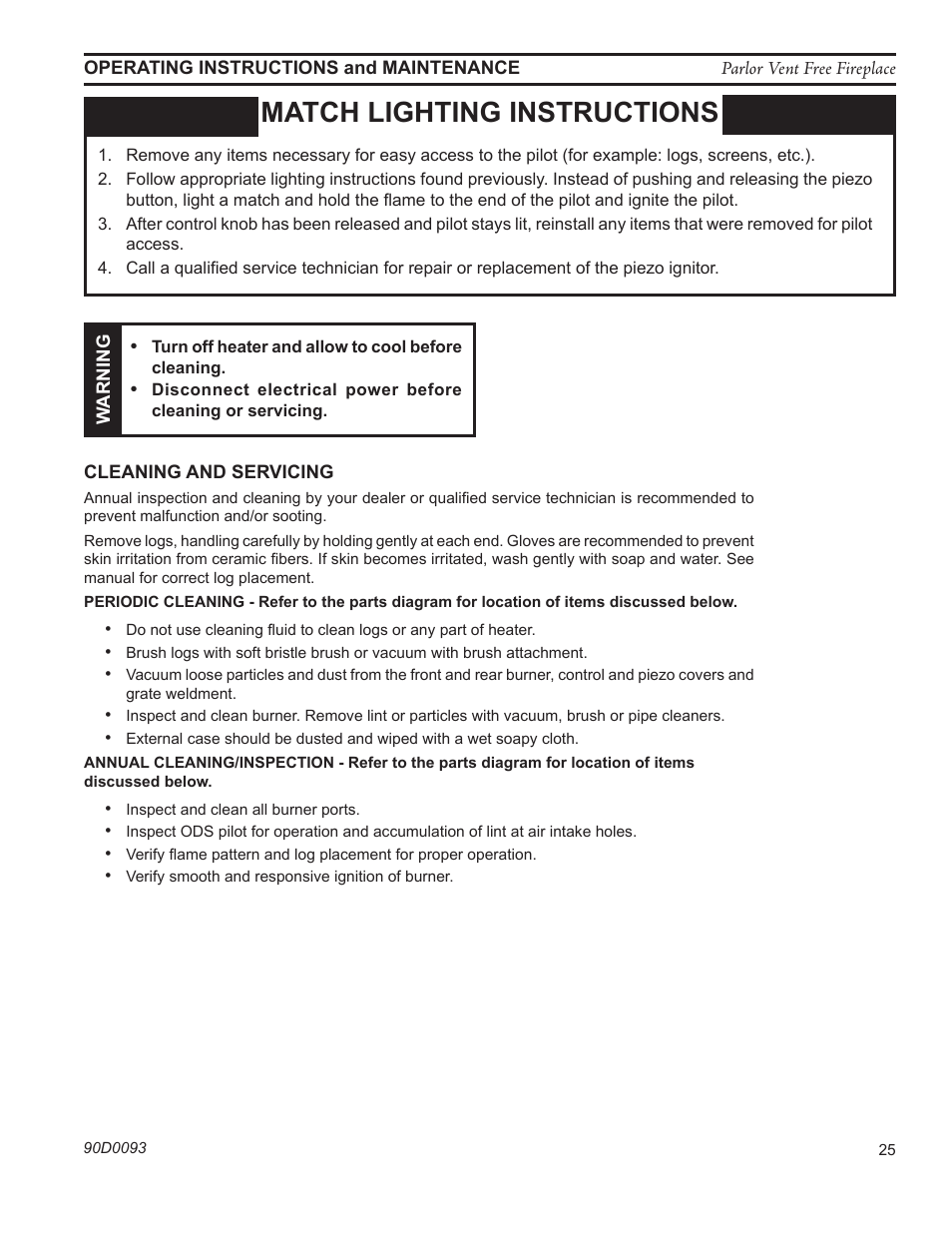 Match lighting instructions | Monessen Hearth PARLOR VENT-FREE PL20 User Manual | Page 25 / 32