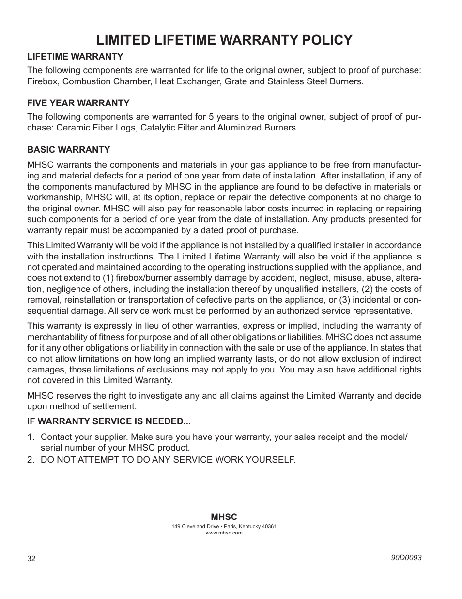 Limited lifetime warranty policy | Monessen Hearth PARLOR VENT-FREE PL20 User Manual | Page 32 / 32