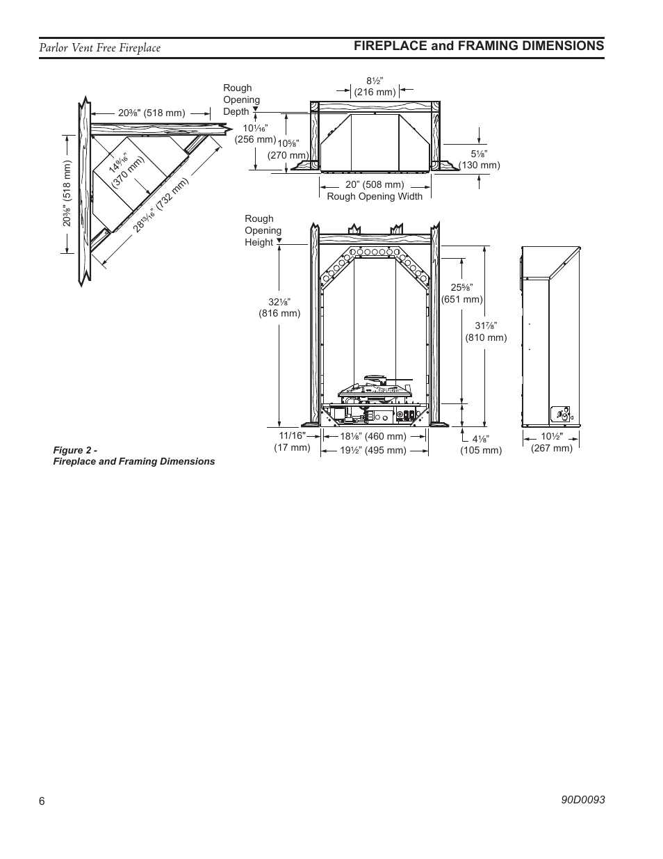 Parlor vent free fireplace, Fireplace and framing dimensions | Monessen Hearth PARLOR VENT-FREE PL20 User Manual | Page 6 / 32