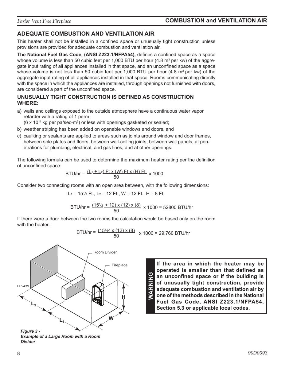 Combustion and ventilation air, Fp2439 combustion air, Warning | Monessen Hearth PARLOR VENT-FREE PL20 User Manual | Page 8 / 32