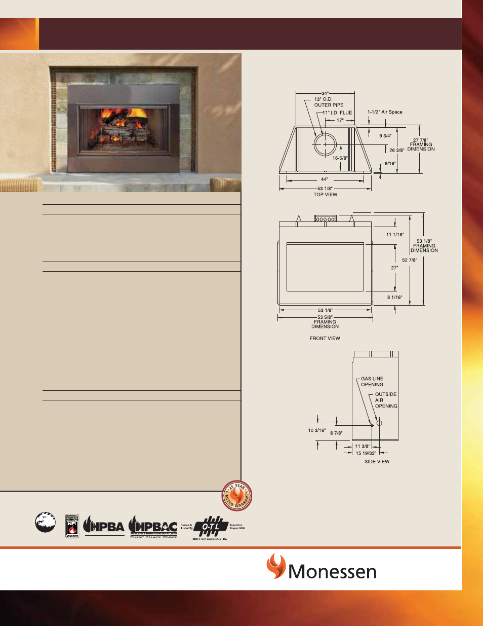 Monessen Hearth HWB700OD User Manual | 1 page