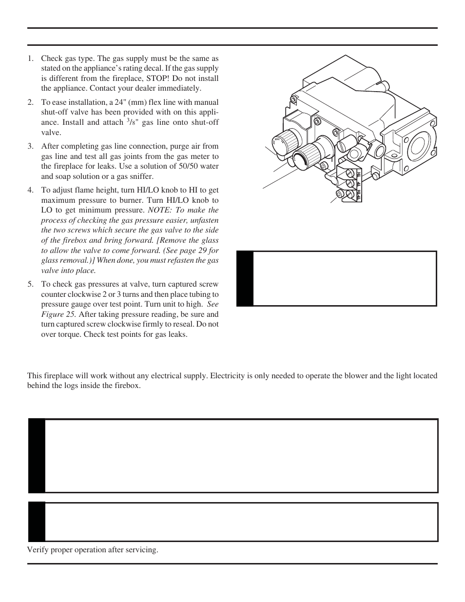 Checking gas pres sure, Electrical installation, Warning | Monessen Hearth Direct Vent Gas Fireplace KHLDV SERIES User Manual | Page 25 / 52