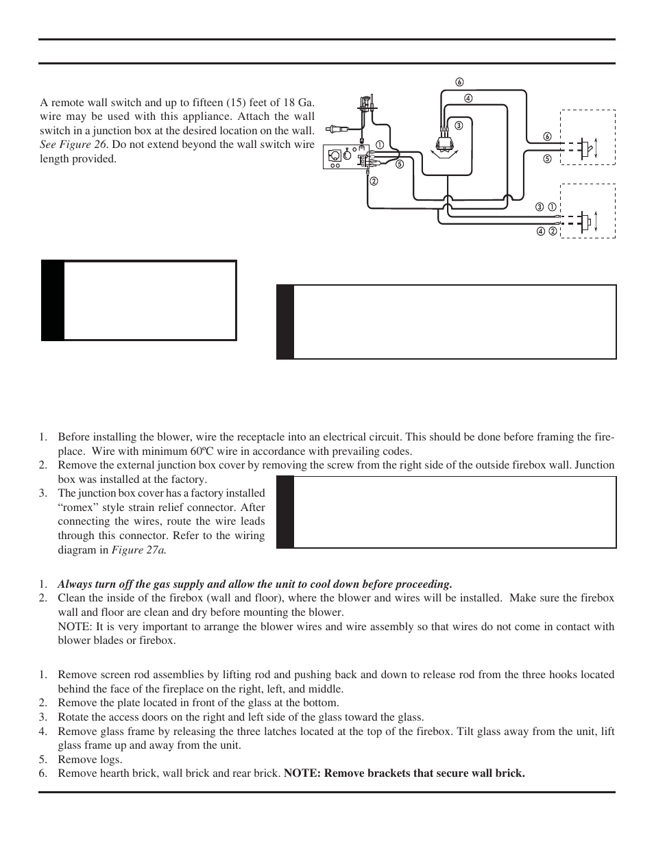 Remote wall switch installation, Warning, Remote wall mounted switch | Optional fan/blower system | Monessen Hearth Direct Vent Gas Fireplace KHLDV SERIES User Manual | Page 26 / 52