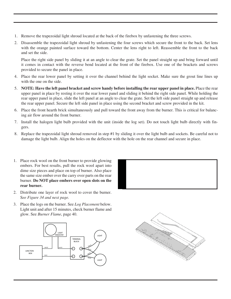 Final installation, Warning, Rock wool placement | Brick, light bulb, and lens placement, Figure 34 - rockwool placement | Monessen Hearth Direct Vent Gas Fireplace KHLDV SERIES User Manual | Page 30 / 52