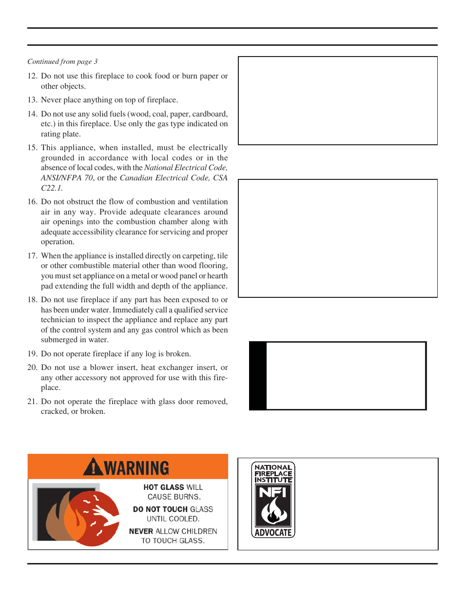 Warning, Important safety information | Monessen Hearth Direct Vent Gas Fireplace KHLDV SERIES User Manual | Page 4 / 52