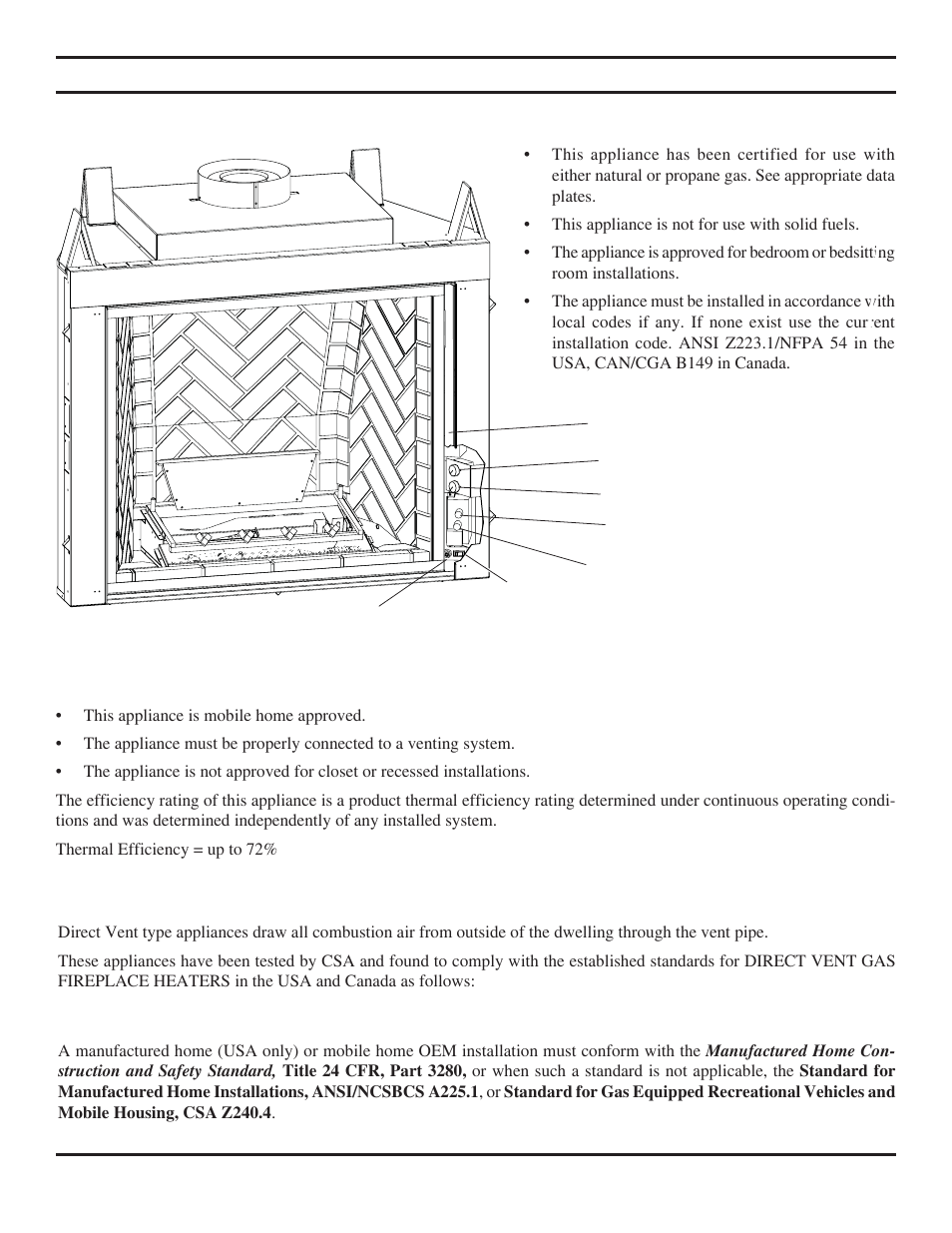 Product features, Code approval | Monessen Hearth Direct Vent Gas Fireplace KHLDV SERIES User Manual | Page 5 / 52