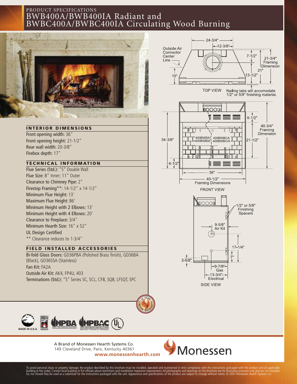 Monessen Hearth 36" and 42" Wood Burning Fireplaces BWBC400IA User Manual | 9 pages