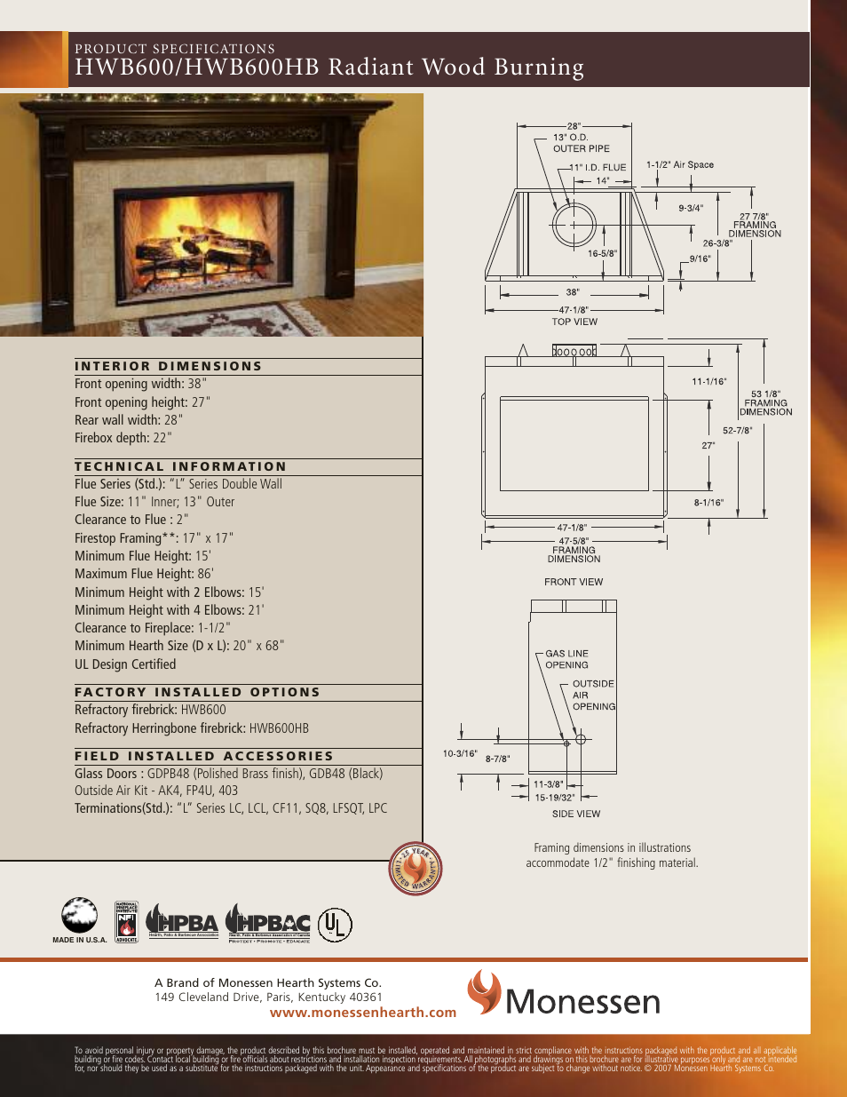 Hpba | Monessen Hearth 36" and 42" Wood Burning Fireplaces BWBC400IA User Manual | Page 3 / 9