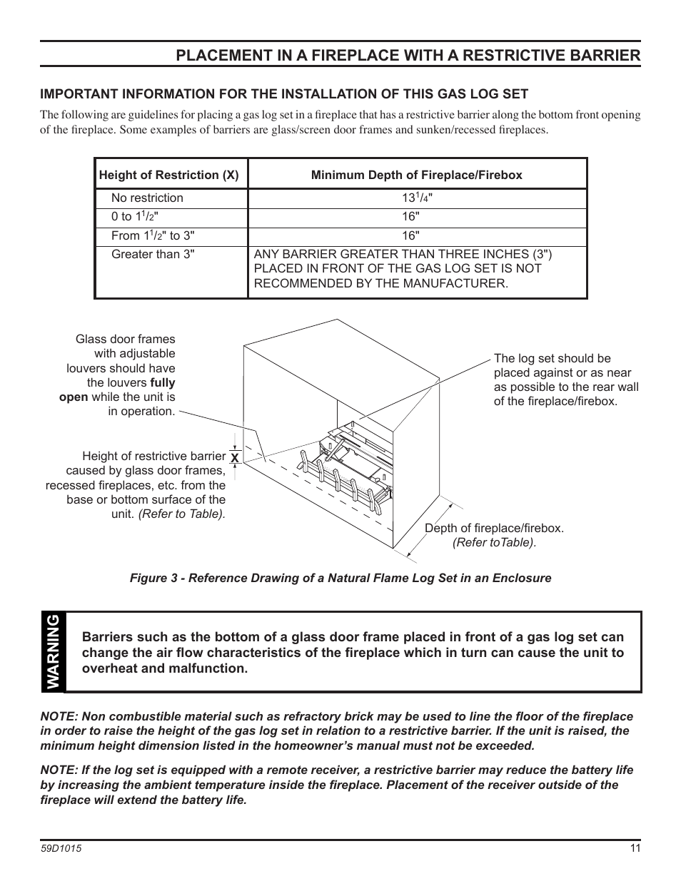 Warning | Monessen Hearth HVFL18 User Manual | Page 11 / 44
