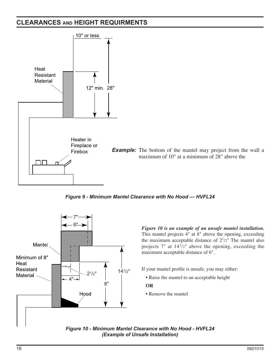 Clearances, Height requirments | Monessen Hearth HVFL18 User Manual | Page 16 / 44