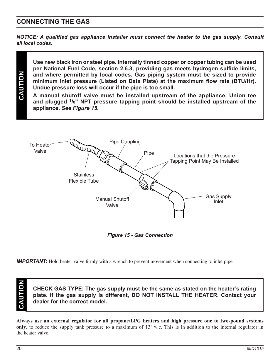 Connecting the gas, Caution | Monessen Hearth HVFL18 User Manual | Page 20 / 44