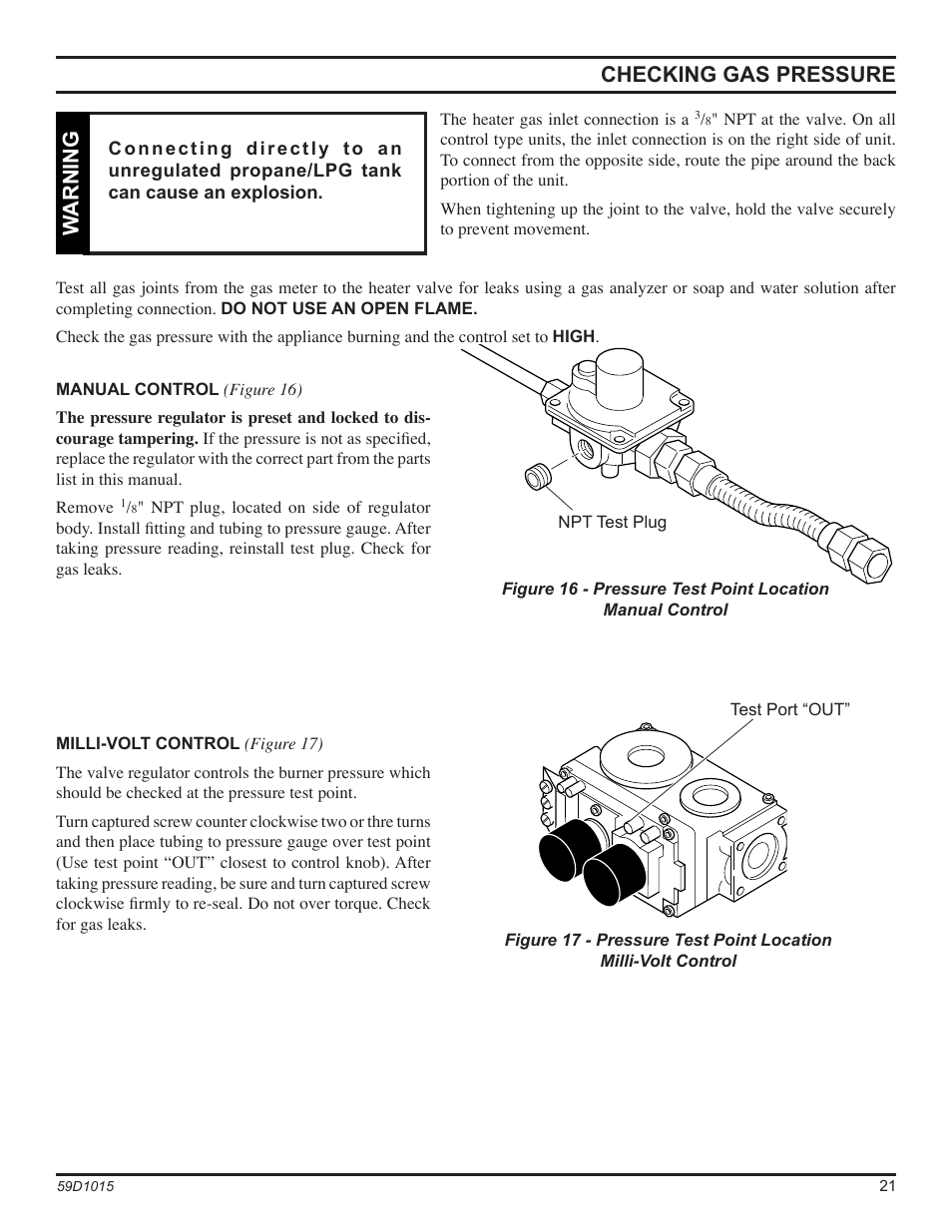 Checking gas pressure, Warning | Monessen Hearth HVFL18 User Manual | Page 21 / 44
